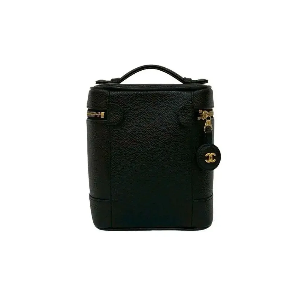 CHANEL Black Caviar Leather Logo Vanity Bag